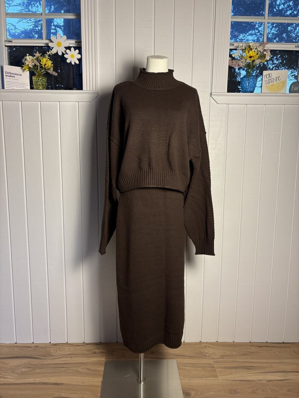 NWT Altar'd State Brown Knit Sweater Midi Skirt Set XL/M Chocolate Brown